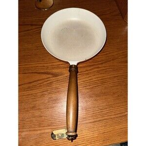 Vintage Descoware Enamel Cast Iron Flame Orange Wood Handle w Ring 9 1/2in